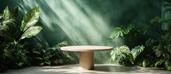 Empty product display pedestal surrounded by tropical plants with sun beams shining through the leaves.