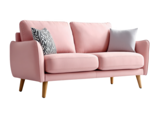 compact two seater sofa in pastel pink with decorative cushions