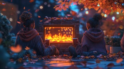 Friends wrapped in warm sweaters, enjoying hot drinks around a digital fireplace, the flames flickering on a holographic screen outdoors. Soft autumn leaves are scattered, enhancing the cozy vibe 