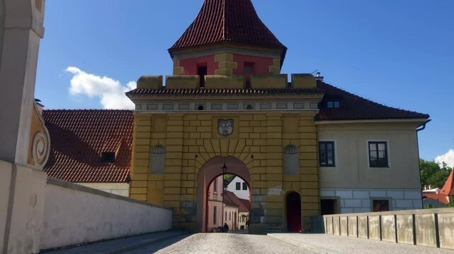 City Gates. Fortified gates of a town in Europe. Budweiser Gate, also known as Budejovicka Gate. Town entrance to the city of Cesky Krumlov. Czech Republic. Europe.