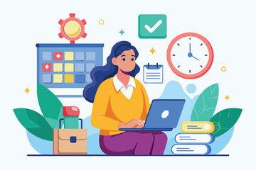 A woman organizes her schedule on a laptop in a colorful workspace with a clock and calendar Women schedule time, flat illustration.