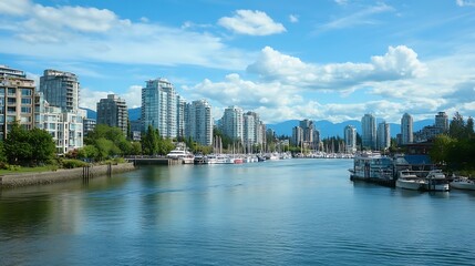 Obraz premium Vancouver Skyline and Waterfront. Cityscape, harbor, and mountains.