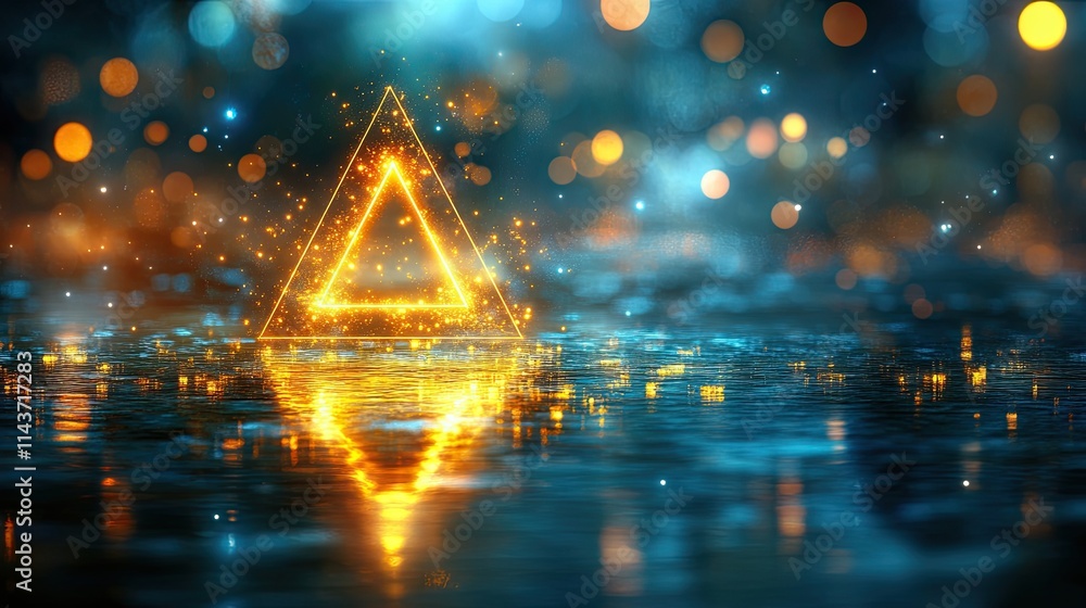 Poster illuminated triangular shape reflects on wet surface with vibrant bokeh lights at night