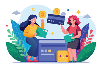 Two women are joyfully making payments with credit cards, surrounded by vibrant plants and coins Women use bank credit cards to make payments, illustrated in a flat style.
