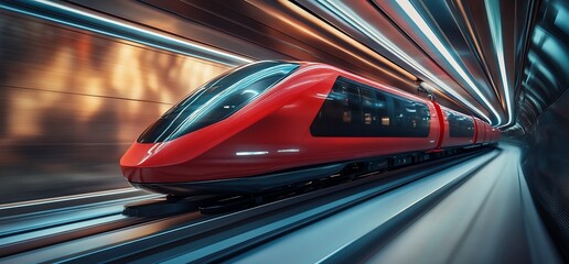 A sleek red train speeding through a futuristic tunnel.