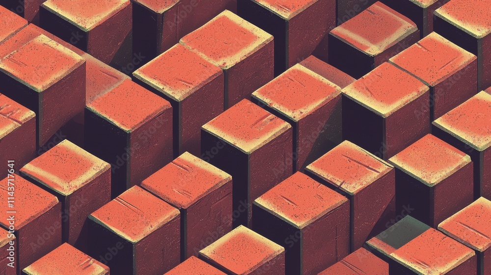 Poster abstract isometric pattern of red cubes with textures.