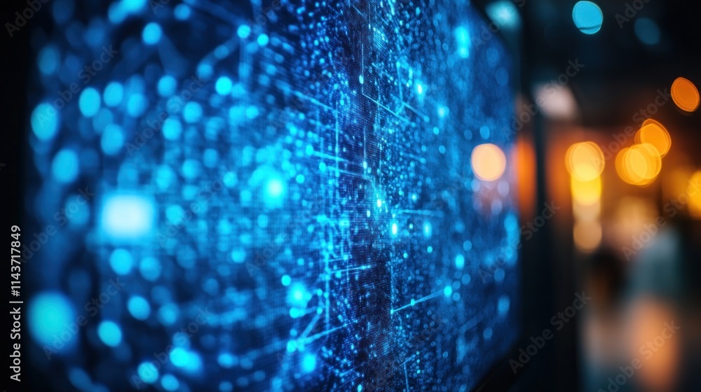 Canvas Prints abstract blue digital network data visualization on a screen at night.