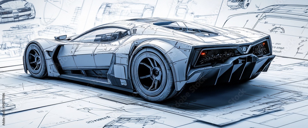 Poster a sleek, futuristic car design blueprint with technical sketches in the background.