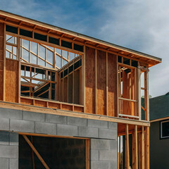 construction of a building, New residential construction home framing against a blue sky. Home construction