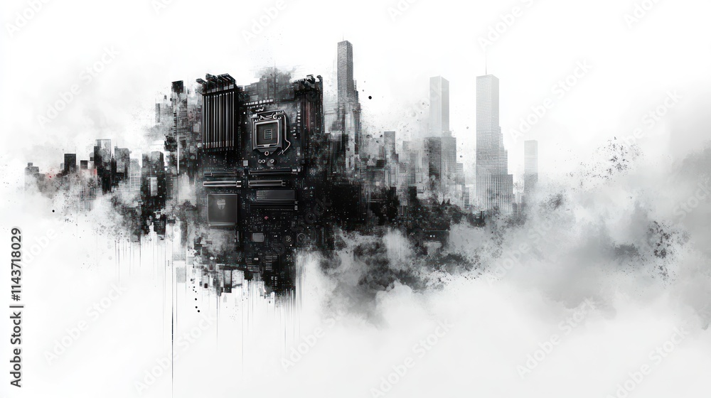 Aufkleber abstract cityscape merging with computer parts in a smoky effect.