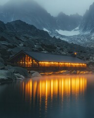 Tranquil Lakeside Cabin amidst Majestic Misty Mountains at Twilight