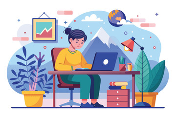 A person works on a laptop at a desk in a vibrant home office with plants and mountain views Work from home as a content creator, creating flat illustrations.