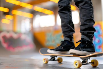 A close-up of a skateboarder"s feet on a skateboard in a vibrant skatepark, showcasing dynamic urban art and a lively atmosphere.