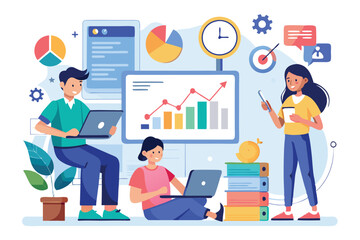 A team collaborates on a work presentation, analyzing time trends and data analytics using digital devices Work presentation with time trending and flat illustrations.