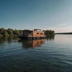 Fototapeta premium A houseboat on calm waters with a serene sky.