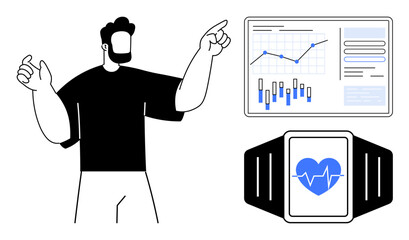 Man pointing towards a dashboard with charts and graphs. Smartwatch shows heart rate data. Ideal for fitness tracking, health monitoring, data analysis, wearables, presentations, business analytics