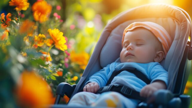 Peaceful Baby Sleeping in Stroller Surrounded by Vibrant Flowers in Sunlit Garden