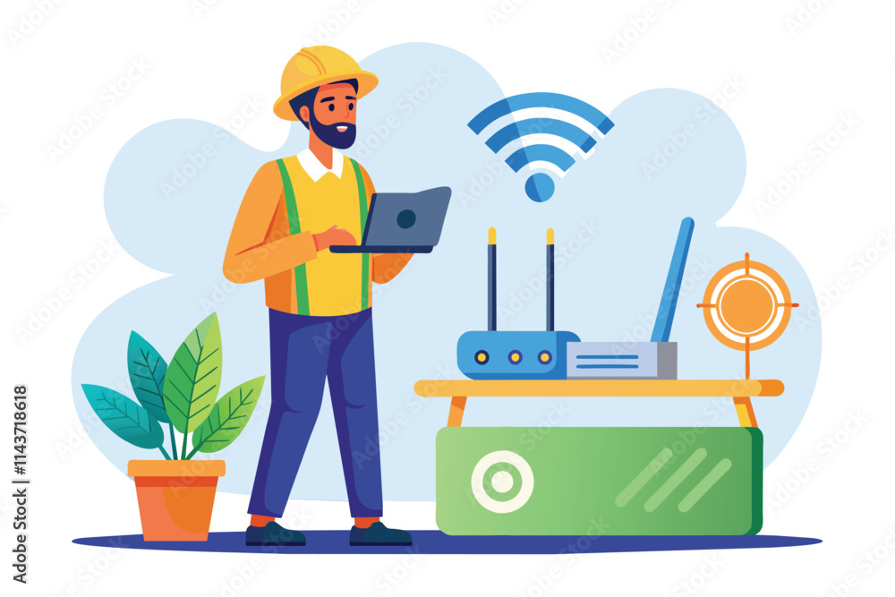 Aufkleber a technician checks a wifi router with a laptop in a bright, inviting indoor environment worker chec