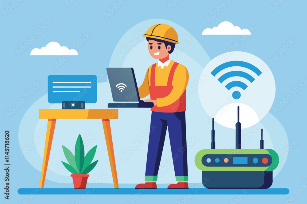 Poster a technician inspects a wifi router while using a laptop in a colorful workspace setting worker chec
