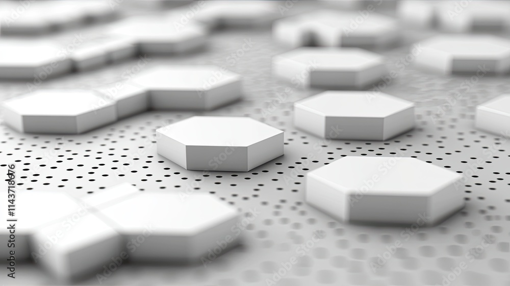 Poster Abstract arrangement of white hexagonal shapes on a dotted surface creating a modern 3D design impact