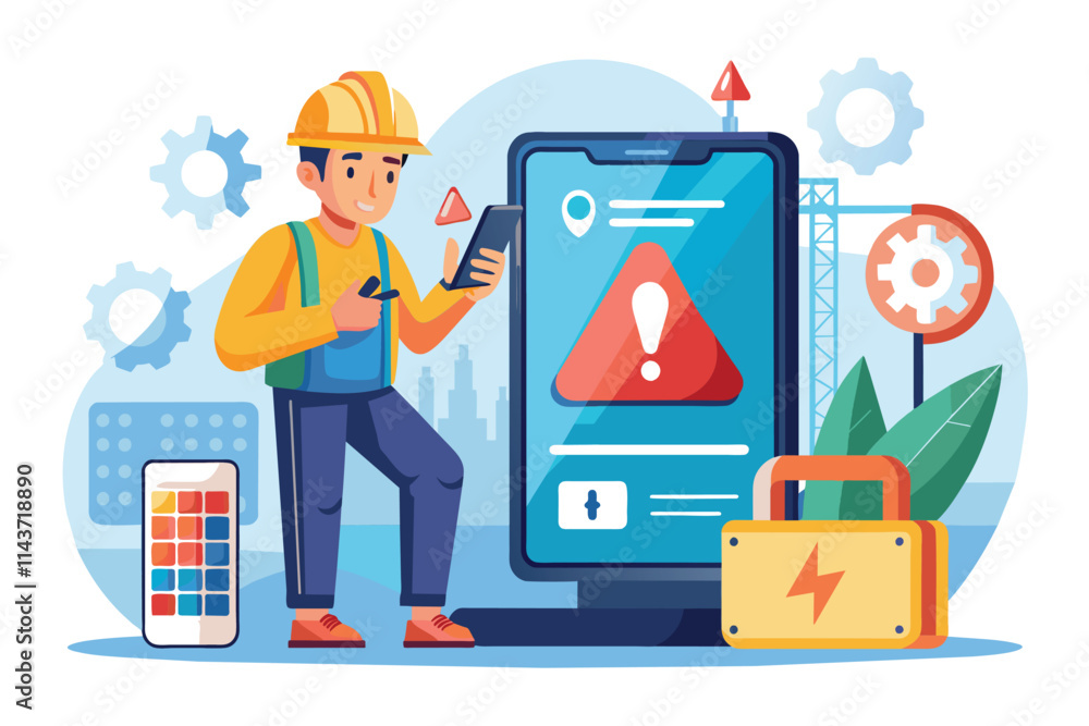 Poster a technician addresses a software error on a smartphone while in a tech environment worker fixing ce