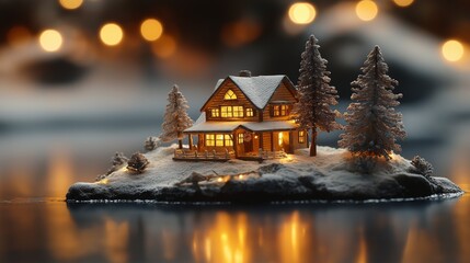 winter theme miniature cozy cabin house , toy house on snow ground 