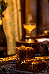 Festive Presents Amidst Opulent Backdrop (Warm Colours)