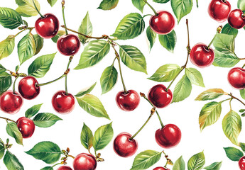 Ripe Cherries with Leaves on Branches, Isolated on Transparent Background