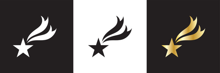 Falling star icon. Gold, black and white shooting star. Vector illustration. isolated on white and black background. EPS 10