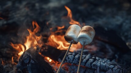 two marshmallows on a stick over a bonfire, romantic cold weather