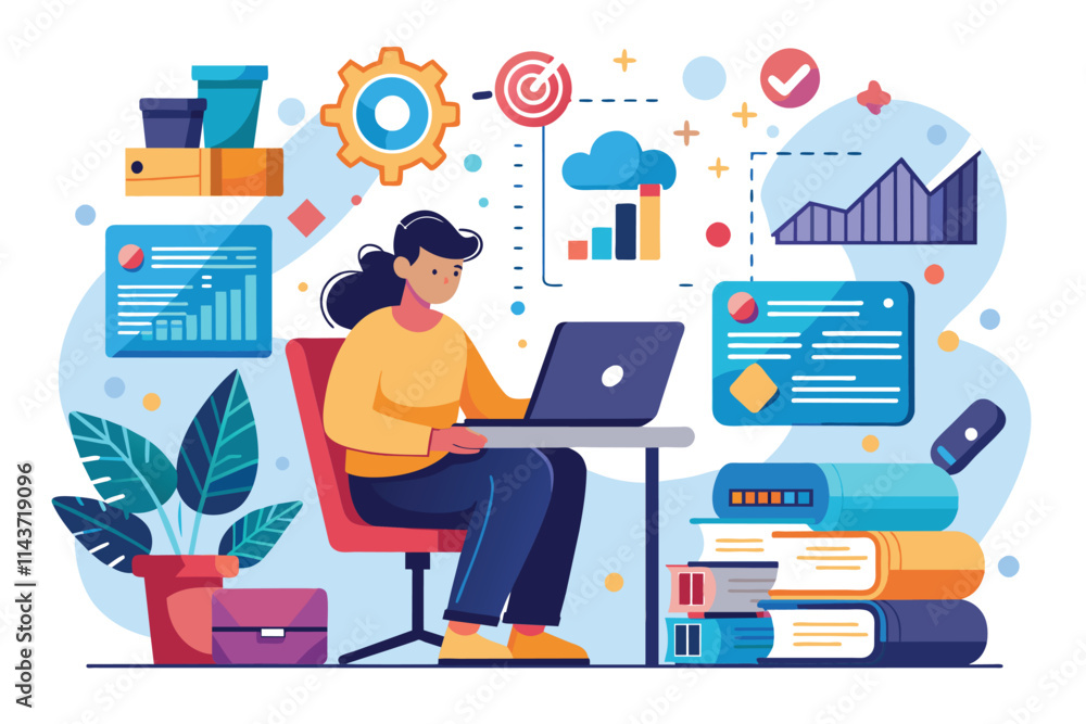 Poster a worker focuses on analyzing data, utilizing illustrations and charts in a bright office setting wo