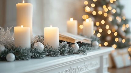 A photo of white and black candles with glass candle holders, on a table against a white background, with a black ribbon around them