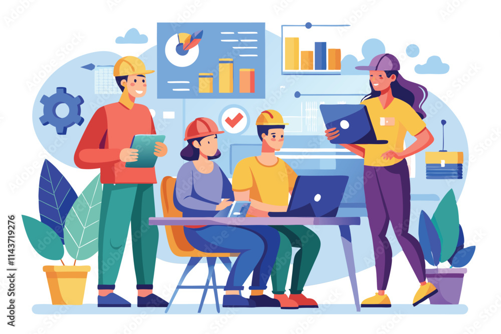 Poster four workers engage in collaboration at a table with laptops and tablets, surrounded by charts and p