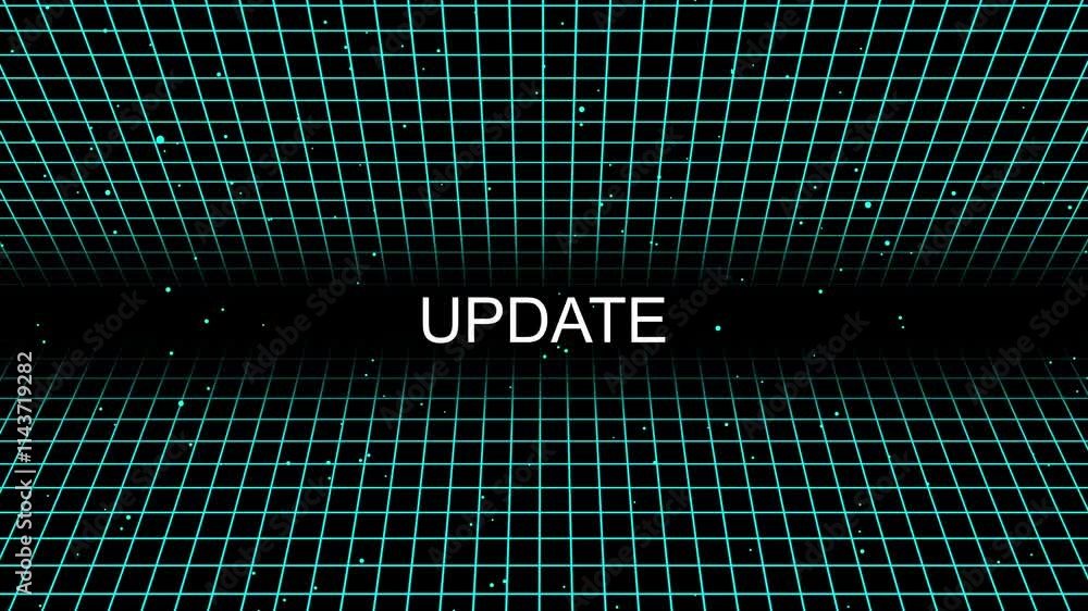 Poster update text animation 4k. word on digital screen. update text on stylish 3d grid