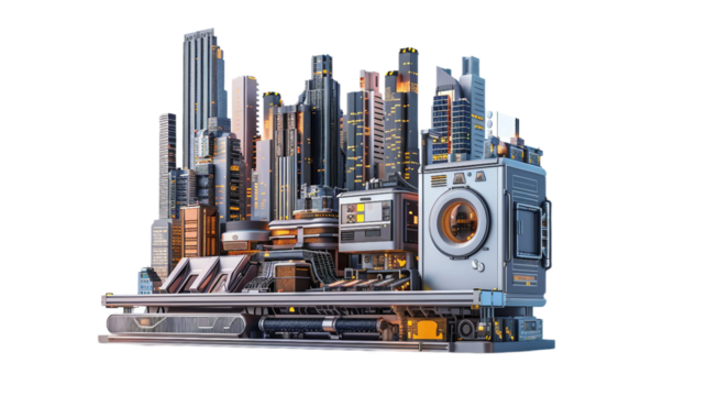Futuristic Cityscape Laundry on transparent background PNG.