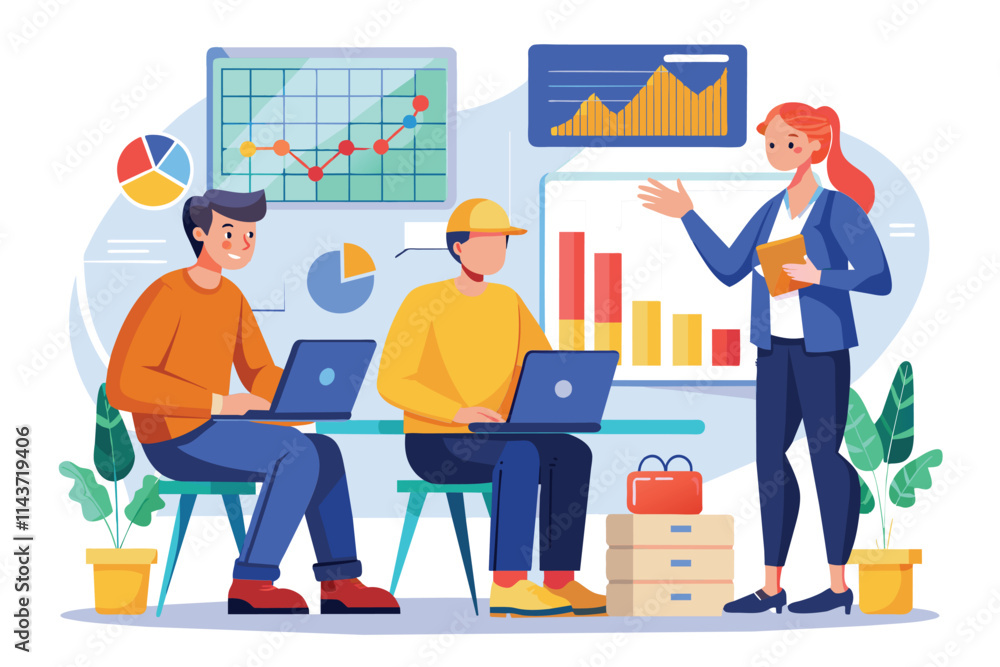 Aufkleber a group of workers analyze stock charts while collaborating in a contemporary office environment wor