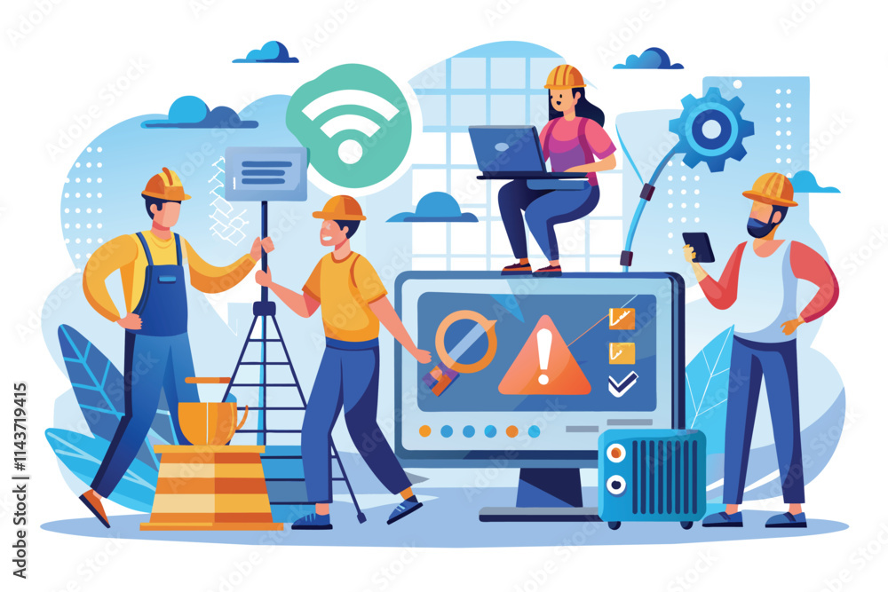 Poster team members collaborate to resolve internet connectivity problems using various tools and technolog