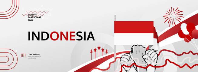 Indonesia Independence Day greeting banner concept. August 17th is celebrated as Indonesians National Day. Template illustration with flag and raised fist, great for national holiday poster.