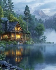 Obraz premium Cozy Lakeside Cabin Retreat in the Misty Mountains at Dusk