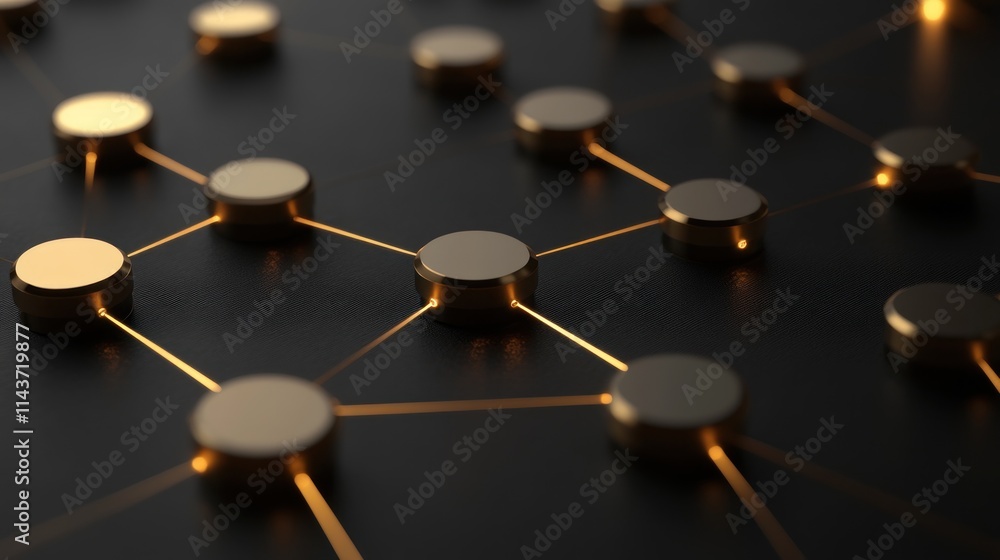 Canvas Prints abstract network of gold nodes and connections on a dark background.