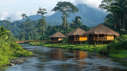 Fototapeta premium Tranquil river scene with wooden huts amidst lush greenery and mountains.