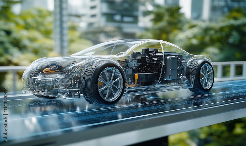 Poster a transparent car model showcasing its internal components and modern design features.