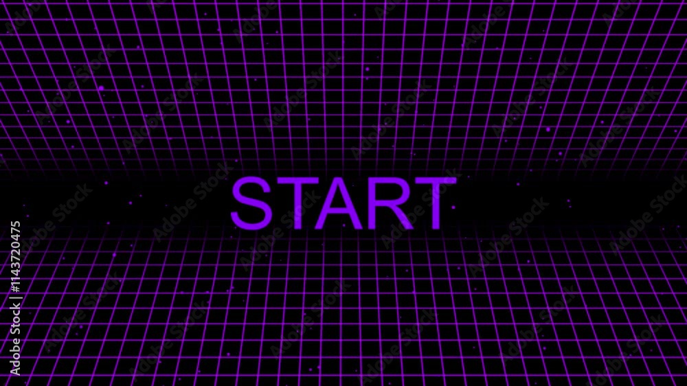 Poster animation of start text over neon pattern background