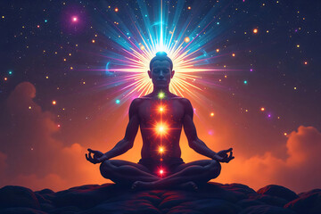 An enlightened man, a figure in a lotus position, with chakras and an aura with a starry night sky.