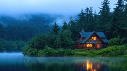 Fototapeta premium Misty Lakeside Cabin Retreat Tranquil Evening Escape in the Woods
