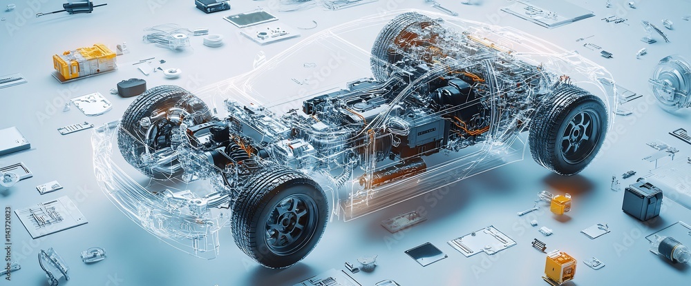 Poster a transparent car model displaying its internal components and surrounding parts.