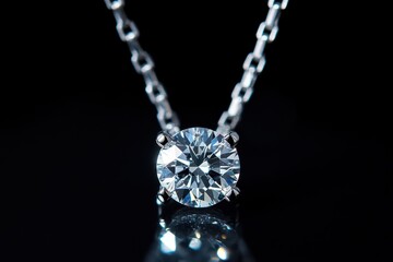 A silver necklace with a brilliant round-cut diamond pendant showcased against a pitch-black background