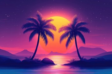 Palm trees silhouetted against a vibrant sunset over a tropical ocean paradise
