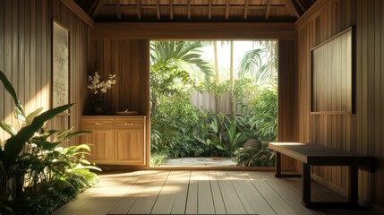 Fototapeta premium Tranquil wooden interior with garden view.