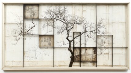 Abstract tree within geometric frame, sepia toned.